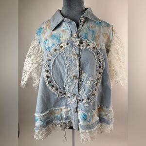 POL Denim Top with Lace Accents